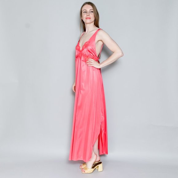 698. VINTAGE Maidenform Pink Lace Trim Maxi Gown NWT M - Picture 5 of 7